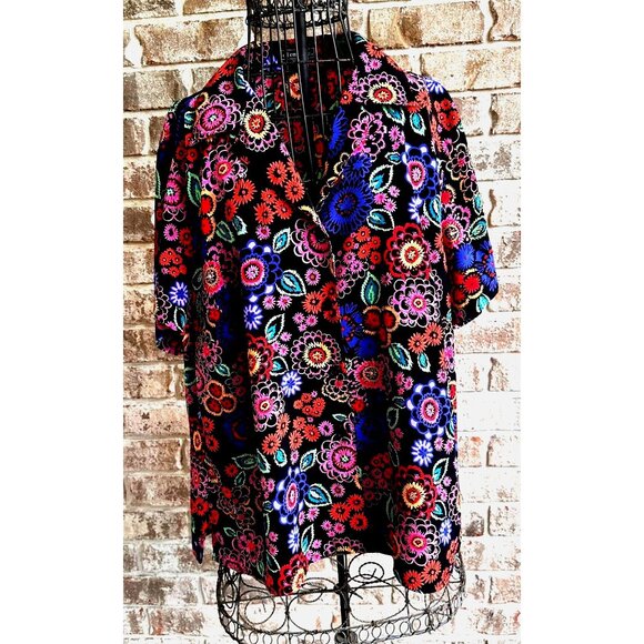VTG Elementz Blouse Woman 1X Black Floral Shirt Button Short Sleeves Psy… - Picture 3 of 12